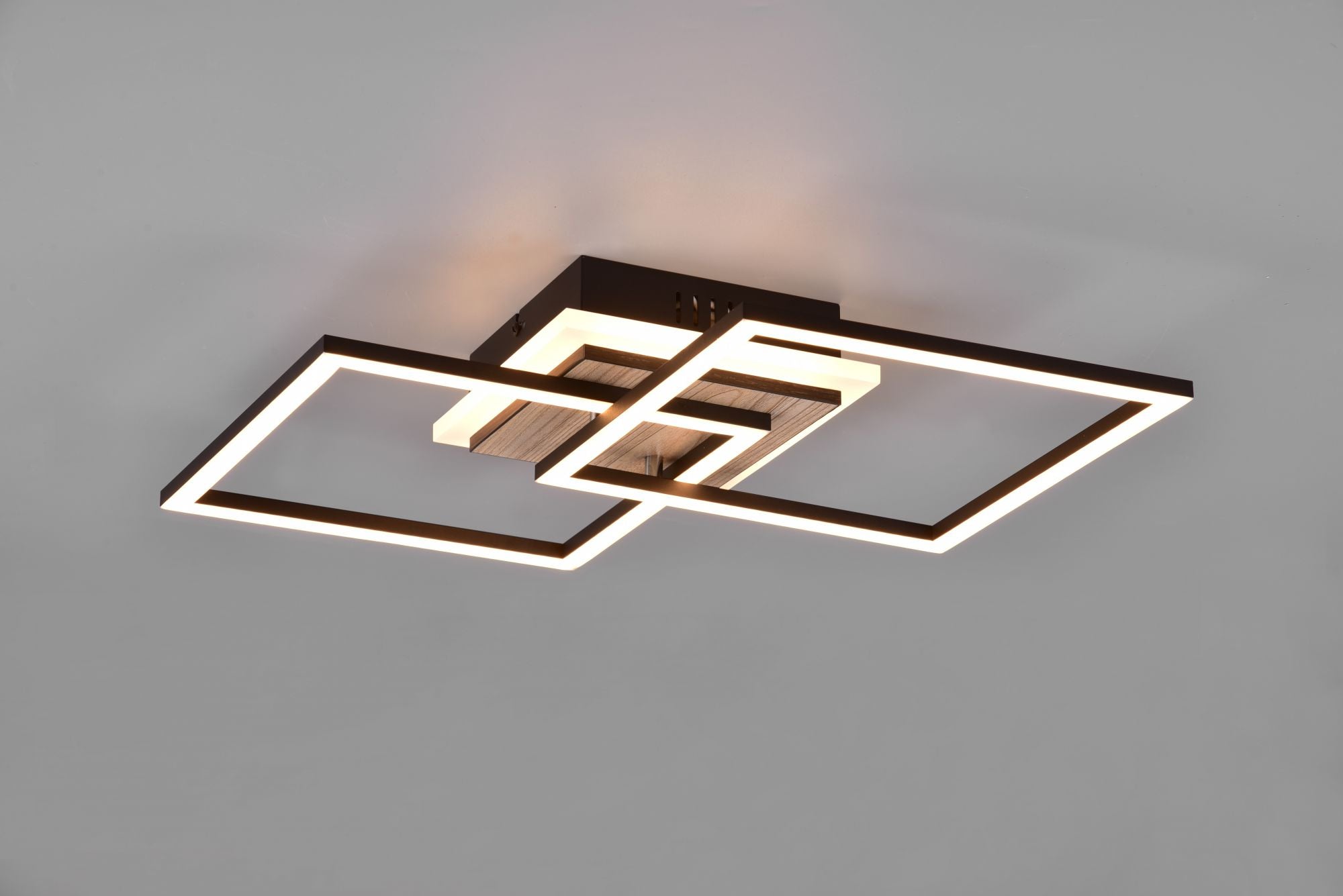 GIRO PLAFONIERA LED DOPPIO QUADRATO METALLO NERO CON BASE ILLUMINATA EFFETTO LEGNO CON TELECOMANDO MULTIFUNZIONE L. 57,5CM DIMMERABILE
