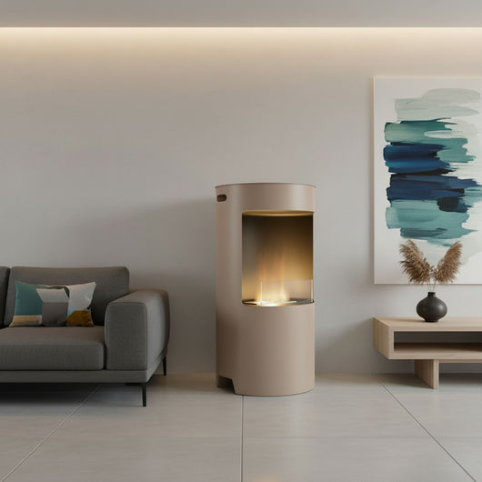 Giulio Cesare - Caminetto a bioetanolo da terra con 1 bruciatore da 1.5L. Camino a bioetanolo da appoggio in acciaio inox e vetro temperato. Colore Tortora. Ø40x80 cm