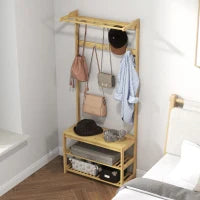 Mobile Appendiabiti 3 in 1 in Bambù con 10 Ganci, 2 Aste e Panca Scarpiera, 70x31x170 cm, Marrone