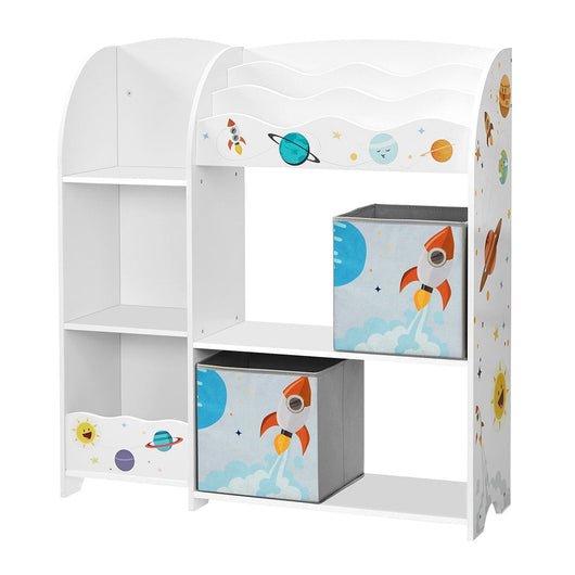 Scaffale porta giocattoli 93 x 30 x 100 cm per bambini e libri mobiletto portaoggetti multifunzionale con 2 cassetti in tessuto tema pianeta per sala giochi cameretta dei bambini soggiorno bianco 12_0005725