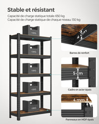 Scaffale per carichi pesanti a 5 ripiani 150 x 75 x 30 cm Carico totale 650 kg (130 kg/ripiano) Scaffale in stile industriale Ripiani regolabili per soggiorno Cucina Nero e marrone rustico 12_0005439
