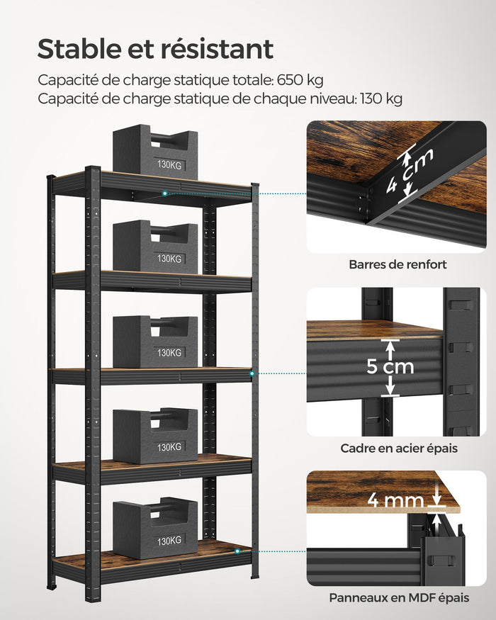 Scaffale per carichi pesanti a 5 ripiani 150 x 75 x 30 cm Carico totale 650 kg (130 kg/ripiano) Scaffale in stile industriale Ripiani regolabili per soggiorno Cucina Nero e marrone rustico 12_0005439