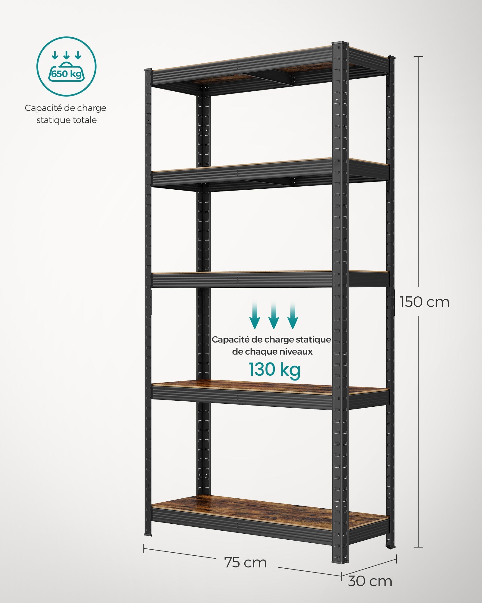 Scaffale per carichi pesanti a 5 ripiani 150 x 75 x 30 cm Carico totale 650 kg (130 kg/ripiano) Scaffale in stile industriale Ripiani regolabili per soggiorno Cucina Nero e marrone rustico 12_0005439