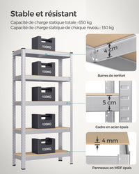 Scaffale per carichi pesanti a 5 ripiani 150 x 75 x 30 cm Carico totale 650 kg (130 kg/ripiano) Scaffale in stile industriale Ripiani regolabili per soggiorno Cucina Grigio 12_0005445