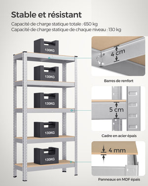 Scaffale per carichi pesanti a 5 ripiani 150 x 75 x 30 cm Carico totale 650 kg (130 kg/ripiano) Scaffale in stile industriale Ripiani regolabili per soggiorno Cucina Grigio 12_0005445