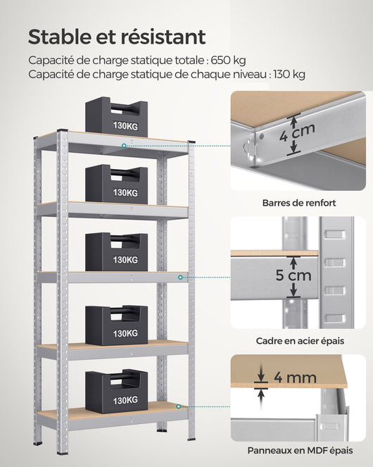 Scaffale per carichi pesanti a 5 ripiani 150 x 75 x 30 cm Carico totale 650 kg (130 kg/ripiano) Scaffale in stile industriale Ripiani regolabili per soggiorno Cucina Grigio 12_0005445