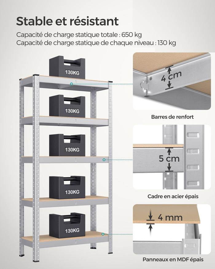 Scaffale per carichi pesanti a 5 ripiani 150 x 75 x 30 cm Carico totale 650 kg (130 kg/ripiano) Scaffale in stile industriale Ripiani regolabili per soggiorno Cucina Grigio 12_0005445