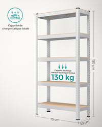 Scaffale per carichi pesanti a 5 ripiani 150 x 75 x 30 cm Carico totale 650 kg (130 kg/ripiano) Scaffale in stile industriale Ripiani regolabili per soggiorno Cucina Grigio 12_0005445