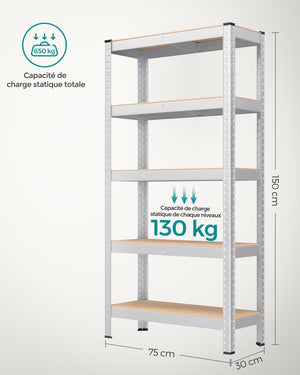 Scaffale per carichi pesanti a 5 ripiani 150 x 75 x 30 cm Carico totale 650 kg (130 kg/ripiano) Scaffale in stile industriale Ripiani regolabili per soggiorno Cucina Grigio 12_0005445