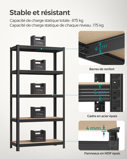 Scaffalatura metallica per carichi pesanti 180 x 90 x 40 cm 5 ripiani portata totale 875 kg (175 kg/ripiano) ripiani regolabili per garage/cantina nero 12_0005582