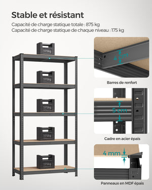 Scaffalatura metallica per carichi pesanti 180 x 90 x 40 cm 5 livelli carico totale 875 kg (175 kg/livello) ripiano portaoggetti ripiani regolabili per garage cantina grigio 12_0...