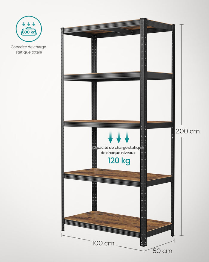 Scaffalatura metallica per carichi pesanti 200 x 100 x 50 cm 5 livelli carico totale 875 kg (175 kg/livello) ripiano portaoggetti ripiani regolabili per garage cantina nero 12_0005596