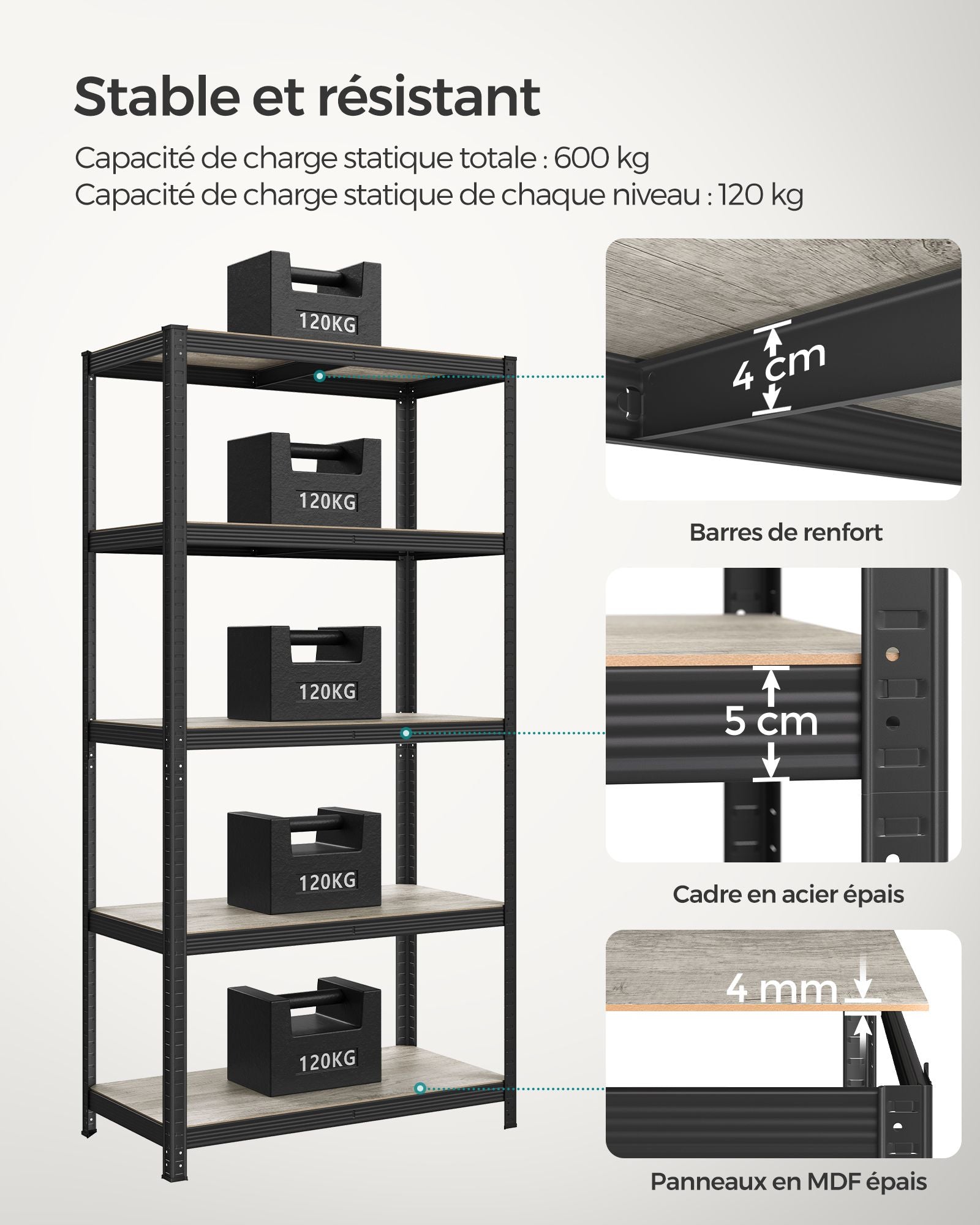 Scaffalatura metallica per carichi pesanti 200 x 100 x 50 cm 5 livelli carico totale 875 kg (175 kg/livello) ripiano portaoggetti ripiani regolabili per garage cantina nero 12_0005598