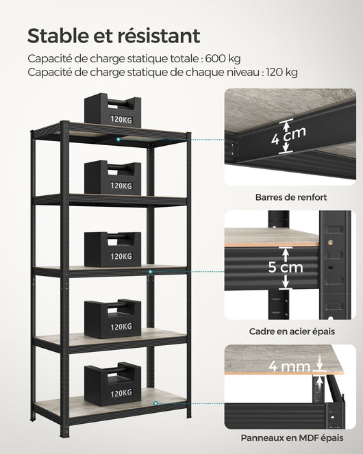 Scaffalatura metallica per carichi pesanti 200 x 100 x 50 cm 5 livelli carico totale 875 kg (175 kg/livello) ripiano portaoggetti ripiani regolabili per garage cantina nero 12_0005598