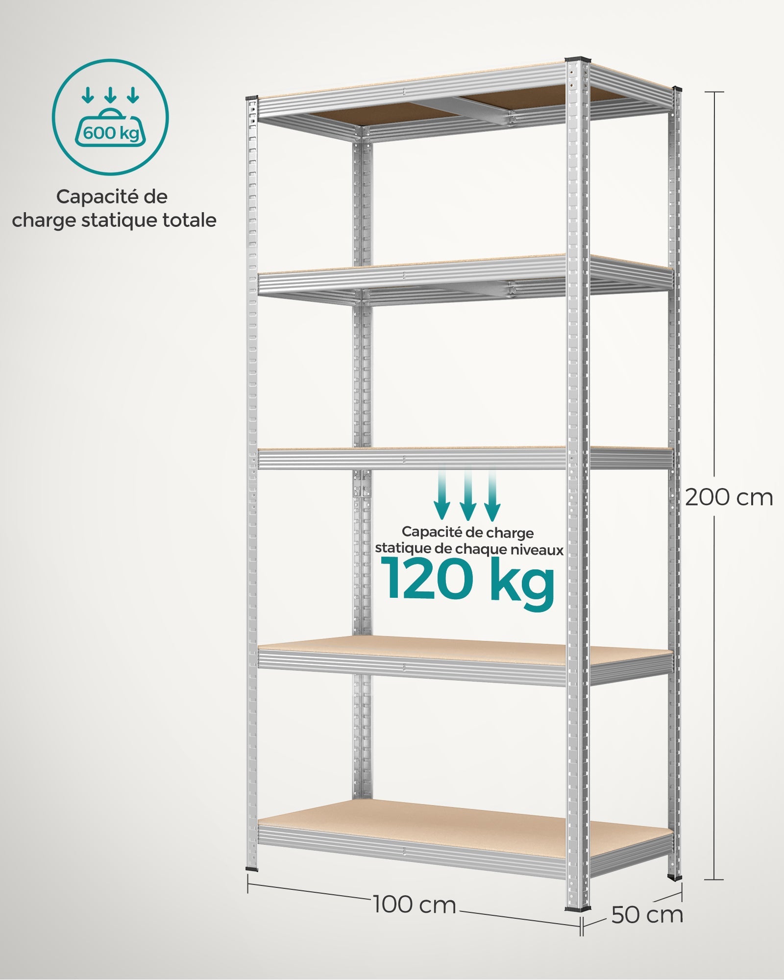 Scaffalatura metallica per carichi pesanti 200 x 100 x 50 cm 5 livelli carico totale 875 kg (175 kg/livello) ripiano portaoggetti ripiani regolabili per garage cantina nero 12_0005590