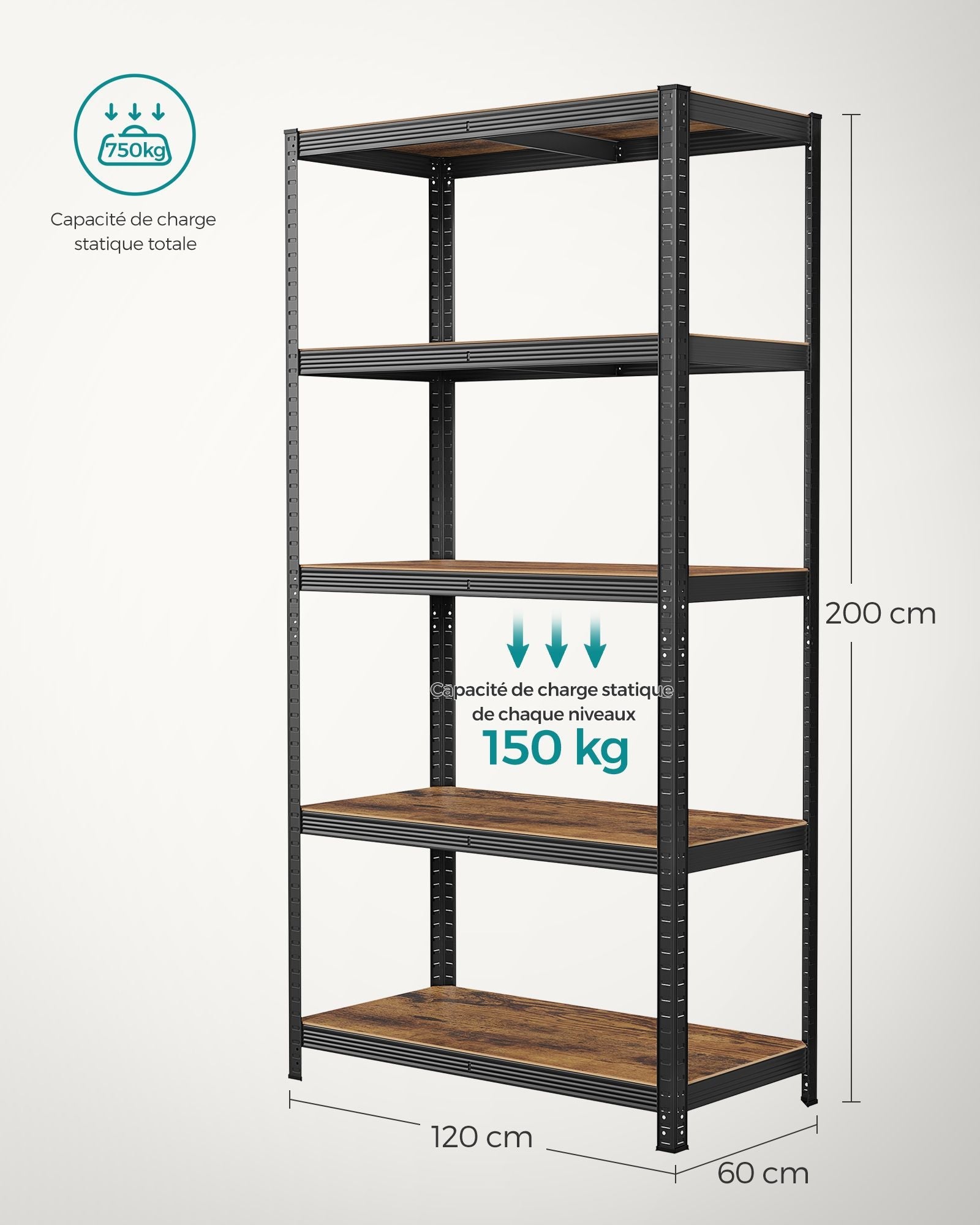 Scaffalatura per carichi pesanti a 5 ripiani unità di stoccaggio in acciaio montaggio senza attrezzi scaffalatura per garage per cassette degli attrezzi capacità 875 kg 60 x 120 x 200 cm nero 12_0005577