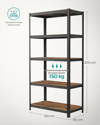 Scaffalatura per carichi pesanti a 5 ripiani unità di stoccaggio in acciaio montaggio senza attrezzi scaffalatura per garage per cassette degli attrezzi capacità 875 kg 60 x 120 x 200 cm nero 12_0005577