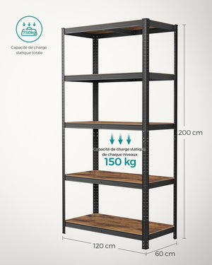 Scaffalatura per carichi pesanti a 5 ripiani unità di stoccaggio in acciaio montaggio senza attrezzi scaffalatura per garage per cassette degli attrezzi capacità 875 kg 60 x 120 x 200 cm nero 12_0005577