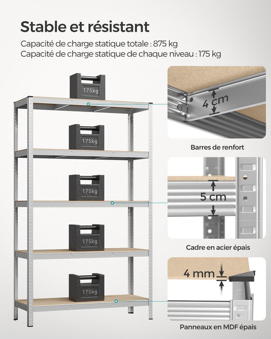 Scaffalatura per carichi pesanti a 5 ripiani unità di stoccaggio in acciaio montaggio senza attrezzi scaffalatura per garage per cassette degli attrezzi capacità 875 kg 60 x 120 x 200 cm grigio 12_0005571