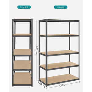 Scaffalatura per carichi pesanti 60 x 120 x 200 cm Unità di stoccaggio in acciaio a 5 ripiani Montaggio senza attrezzi Scaffalatura da garage per cassette degli attrezzi Capacità 875 kg Nero 12_0005574