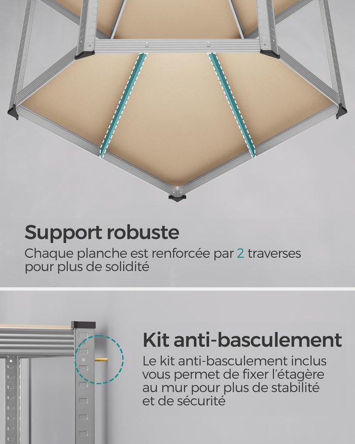Scaffali angolari a 5 ripiani ripiani in acciaio per carichi pesanti capacità di carico per garage e magazzino 875 kg grigio 12_0005828