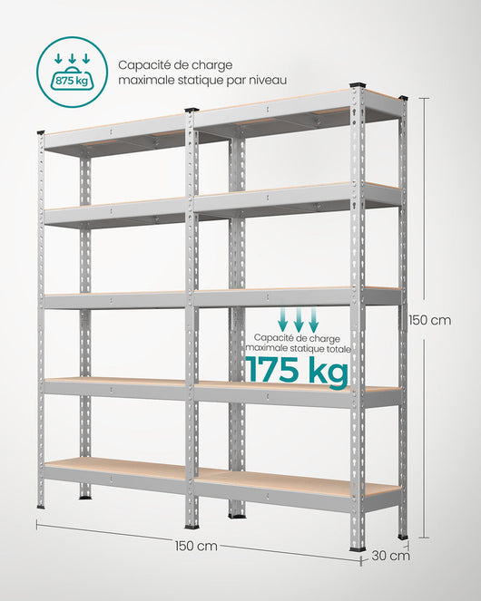 Scaffalatura per carichi pesanti scaffale da cucina 5 ripiani 30 x 75 x 150 cm capacità di carico 875 kg per seminterrato garage ufficio argento 12_0005790