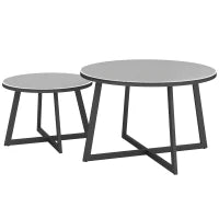 Set 2 Tavolini per Esterni con Piano in Vetro Temperato, Ø70x45 cm e Ø50x35 cm, Grigio