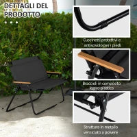 Sedia da Campeggio Doppia 2 Posti Pieghevole in Acciaio e Tessuto Oxford, 108x65x73cm, Nero