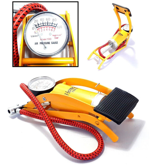 GONFIATORE RUOTE AUTO MOTO BICI POMPA A PEDALE MANOMETRO 1 CILINDRO 7 BAR