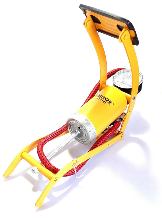 GONFIATORE RUOTE AUTO MOTO BICI POMPA A PEDALE MANOMETRO 1 CILINDRO 7 BAR