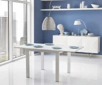 E-STYLO Tavolo allungabile con top in vetro temperato extra white e gambe in metallo bianco, 90cm X 90/163,5cm H. 76cm.