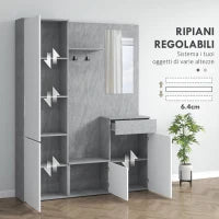 Mobile da Ingresso 4 in 1 con Specchio, Ganci e Ripiani Interni, in Legno, 145x29x184 cm, Grigio e Bianco