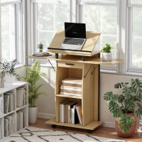 Podio con Ruote, Podio con Pannelli Laterali Pieghevoli, Tavolo per Laptop con Cassetto e Ripiani, Finitura Rovere