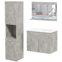 kleankin Set Mobili Bagno da 4 Pezzi con Lavabo da 60cm, Mobiletto, Colonna Bagno e Specchiera in Legno, Grigio