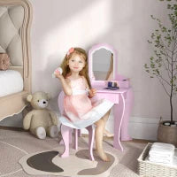 Set Toeletta per Bambina con Specchio Trucco e Sgabello Abbinato in Legno, Cassetto e Contenitori, Rosa