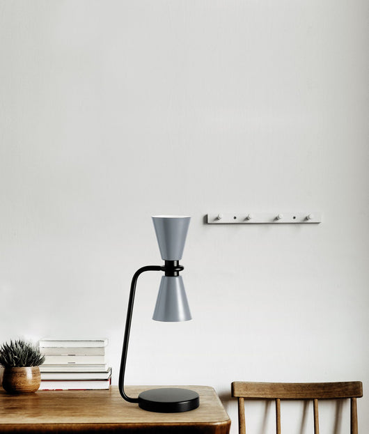 GRAAL LAMPADA DA TAVOLO PICCOLA 2 LUCI  METALLO GRIGIO PARTICOLARI NERI D.9CM