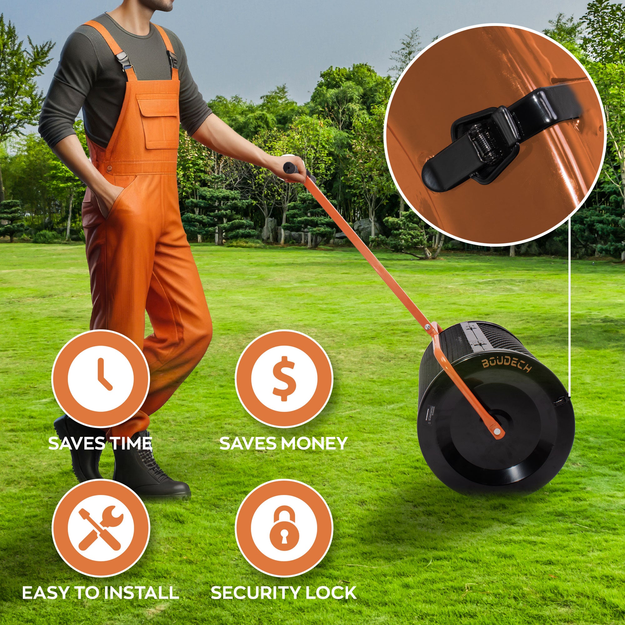 Spreader - Spandiconcime a Rullo da Giardino per Concime e Semina Rete Gabbia in Metallo con Manico a T Nero e Arancione