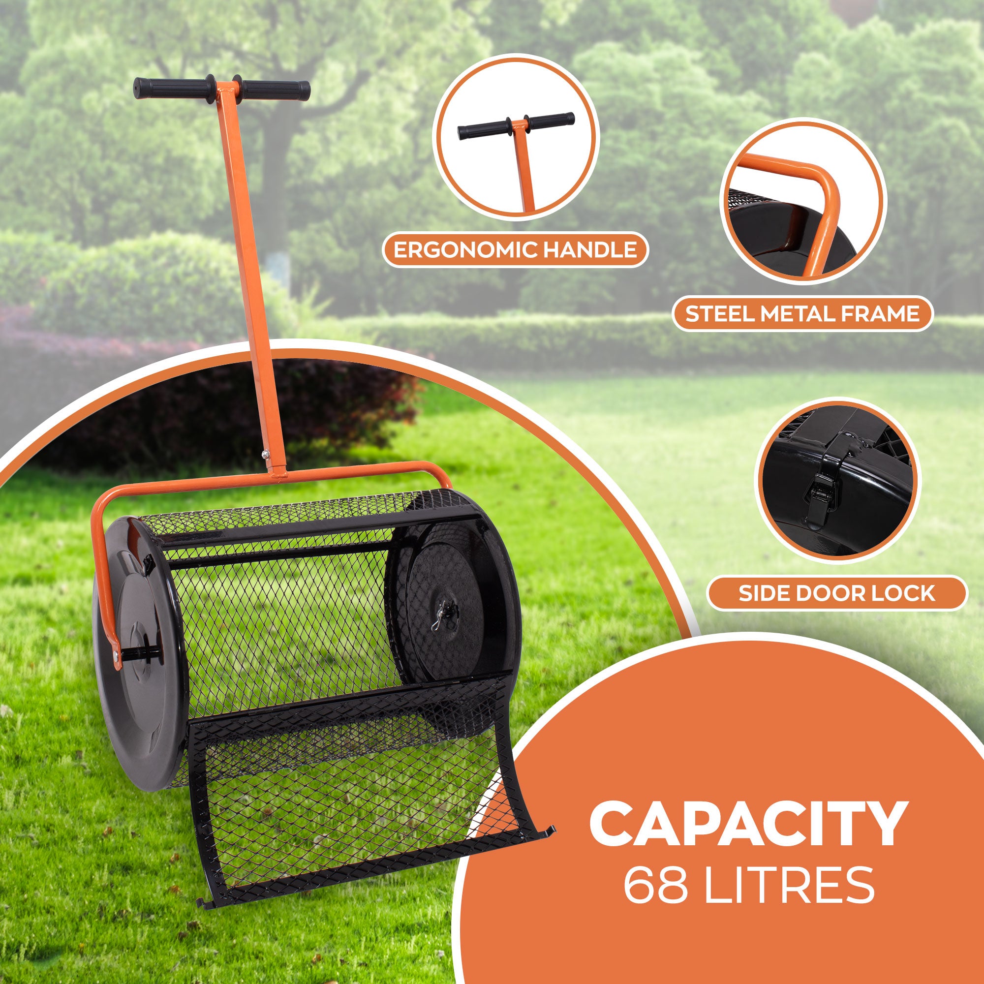 Spreader - Spandiconcime a Rullo da Giardino per Concime e Semina Rete Gabbia in Metallo con Manico a T Nero e Arancione