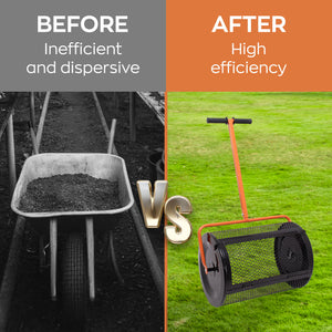 Spreader - Spandiconcime a Rullo da Giardino per Concime e Semina Rete Gabbia in Metallo con Manico a T Nero e Arancione