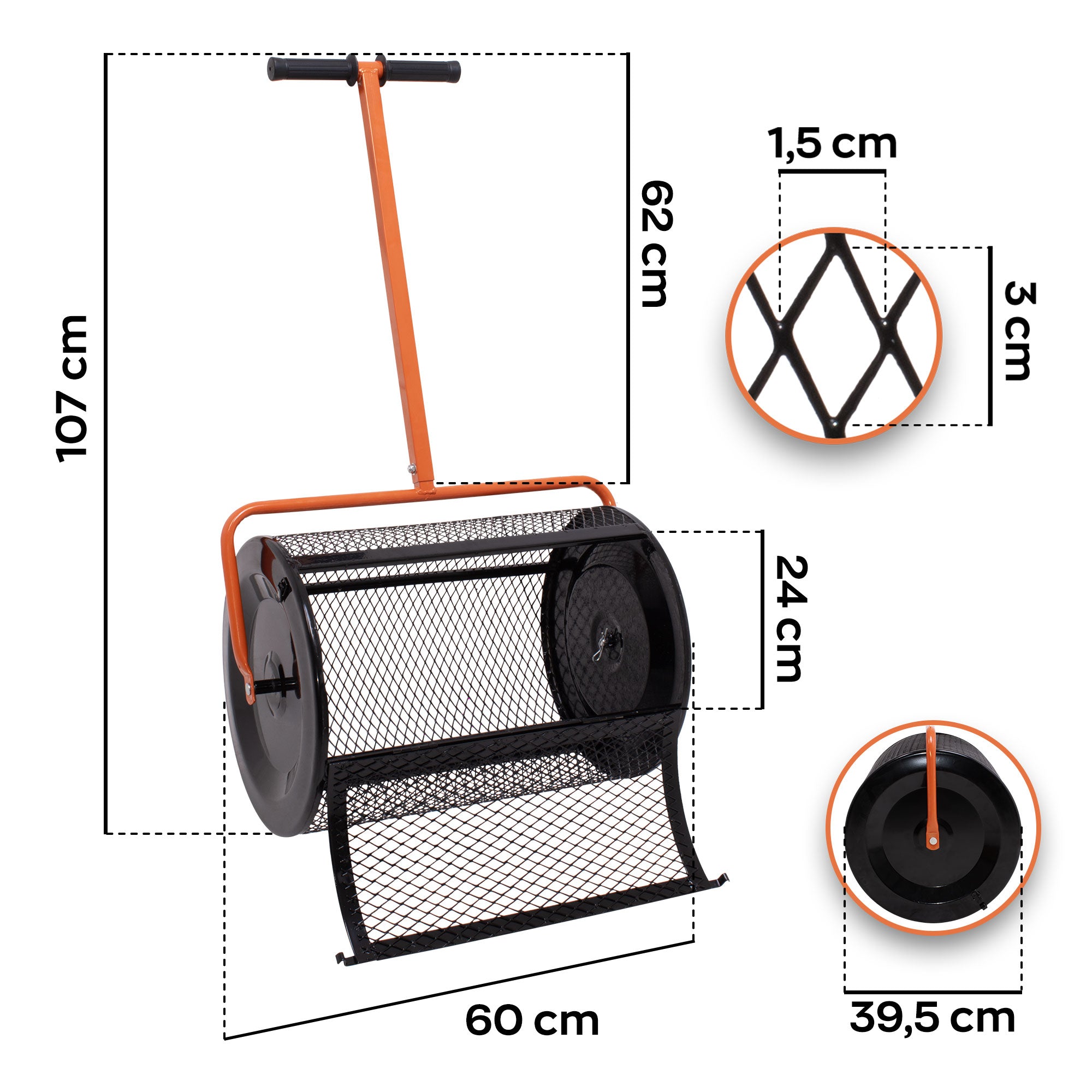 Spreader - Spandiconcime a Rullo da Giardino per Concime e Semina Rete Gabbia in Metallo con Manico a T Nero e Arancione