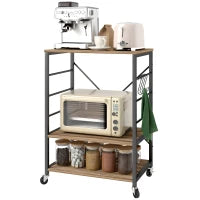 Scaffale da Cucina a 3 Livelli Stile Industriale con Ruote e 4 Ganci, Struttura in Acciaio, 60x40x84 cm, Teak