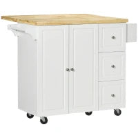 Isola da Cucina con Piano di Lavoro Ribaltabile, 3 Cassetti, 1 Armadio, Porta Strofinacci e Porta Spezie, 111,5 x 75 x 89 cm, Bianco
