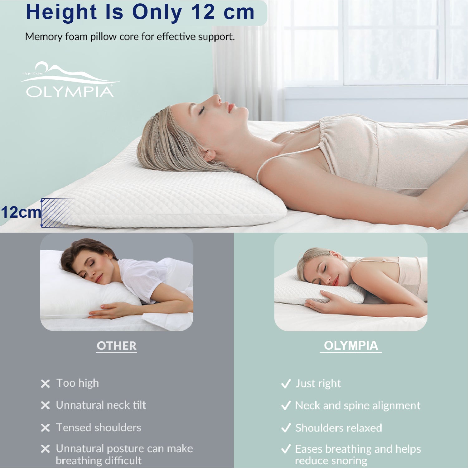 OLYMPIA Guanciale in Memory Foam Classic, Cuscino da Letto Premium per Dormire, Ergonomico e Traspirante Supporto Ottimale Collo e Cervicale