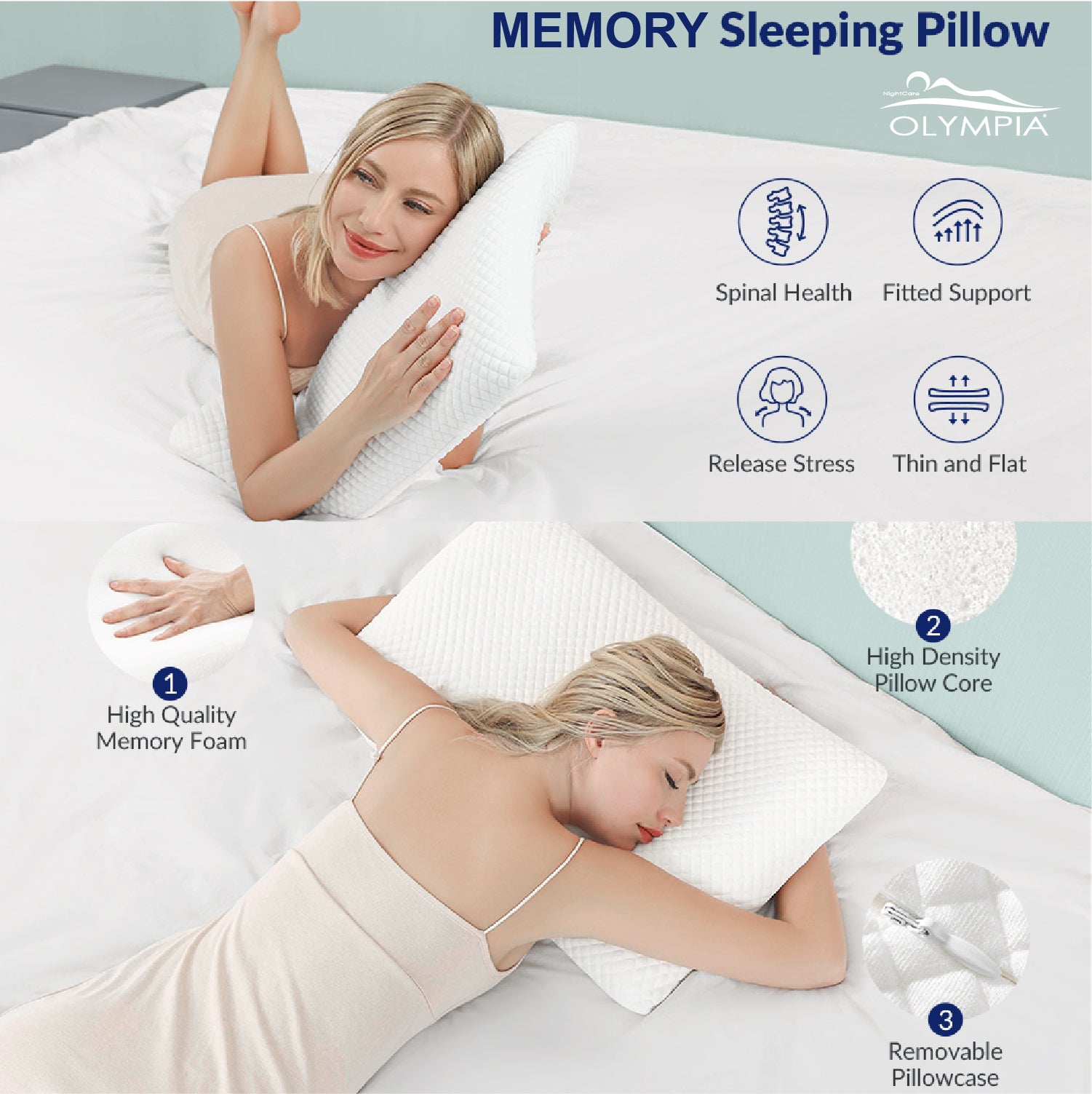 OLYMPIA Guanciale in Memory Foam Classic, Cuscino da Letto Premium per Dormire, Ergonomico e Traspirante Supporto Ottimale Collo e Cervicale