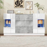 Credenza con illuminazione LED, cassetti, frontali lucidi ed effetto marmo, 140x35x75 cm, Bianco e Grigio