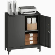 Armadietto da ufficio in metallo, porte chiudibili, cassettiera da ufficio, design a due livelli, Nero