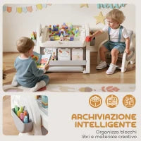 Tavolo Multiuso per Bambini con Ripiano Contenitore e Cassetti, in HDPE e PP, Grigio e Bianco