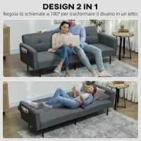 Divano Letto Clic Clac con Schienale Regolabile in Tessuto Effetto Lino, Legno e Acciaio, 200x77x72 cm, Grigio