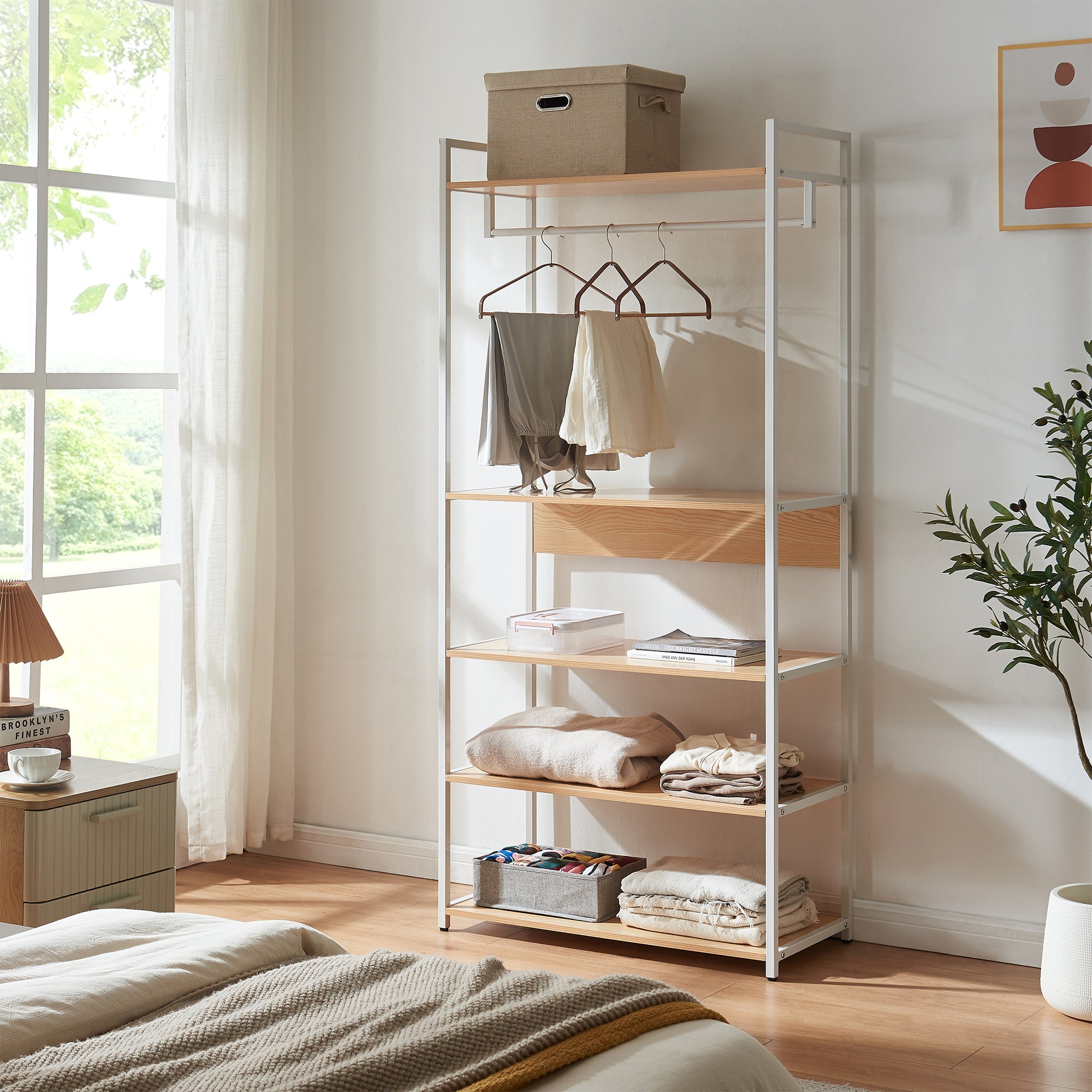 Organizzatore Guardaroba Larem Mobile Porta Abiti con Ripiani - Bianco / Effetto Rovere [en.casa]