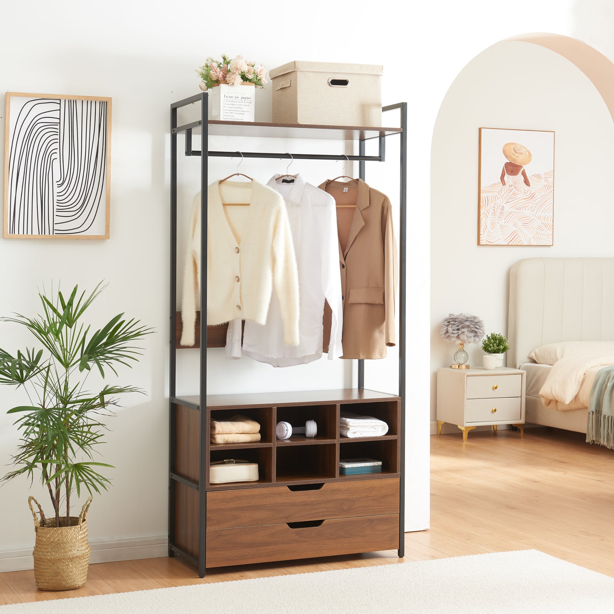 Set Larem 3 Mobili Organizzatori Guardaroba 288 cm Set E - Nero / Effetto Noce [en.casa]